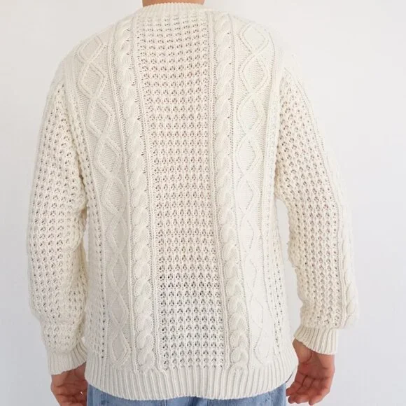 Vintage Cream Cable Knit Textured Aran Fisherman Sweater Cotton Blend XL - Picture 2 of 9